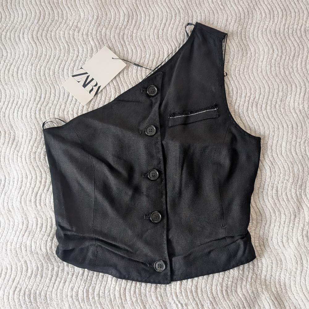 Zara Black Asymmetrical Button-Up Top One Shoulder Vest Top